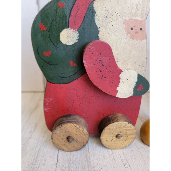 Vintage wooden Santa on Wheels toy bag Xmas unique figure rustic set - Picture 3 of 7
